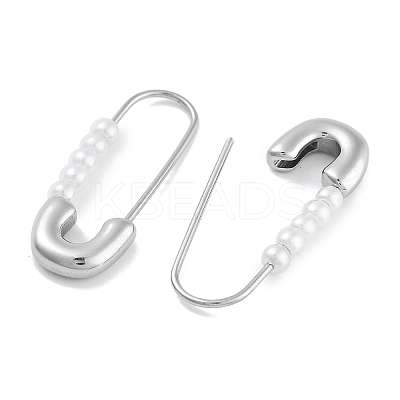 304 Stainless Steel & Plastic Imitation Pearl Safety Pin Hoop Earrings for Women EJEW-C096-05P-1