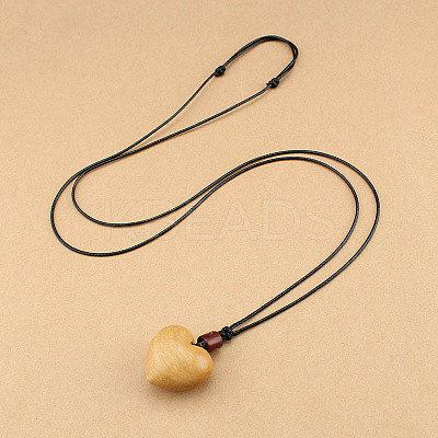 Wood Heart Pendant Adjustable Black Waxed Cord Necklaces for Women FS-WG059F7-03-1