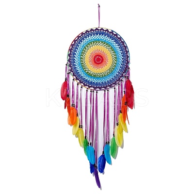 Native Style Iron Ring Woven Net/Web with Feather Wall Hanging Decoration HJEW-A001-09-1