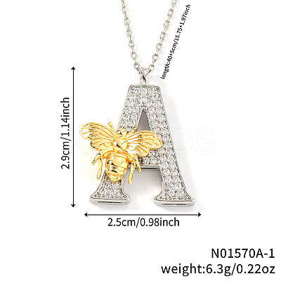 Brass Micro Pave Clear Cubic Zirconia Bee Initial Pendant Necklaces FS-WGF5E80-01-1