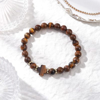 Natural Tiger Eye Cross Round Beaded Stretch Bracelets for Men Women BJEW-JB12258-01-1
