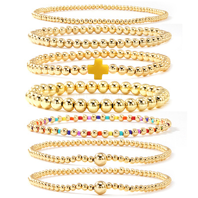 7Pcs Brass Round Beaded Bracelets for Women SB9067-9-1