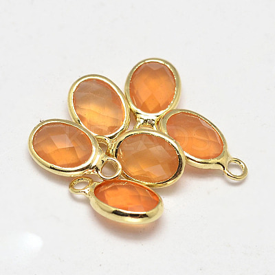 Oval Faceted Golden Tone Brass Glass Charms GLAA-O015-28G-1