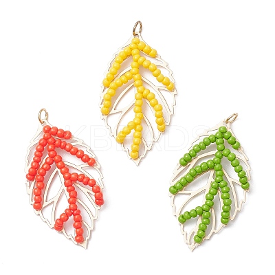 3Pcs 3 Colors Handmade Glass Seed Beaded Leaf Shape Pendants PALLOY-MZ00935-1