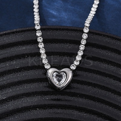 304 Stainless Steel Clear Cubic Zirconia Heart Pendant Necklaces for Women NJEW-Z044-15P-02-1