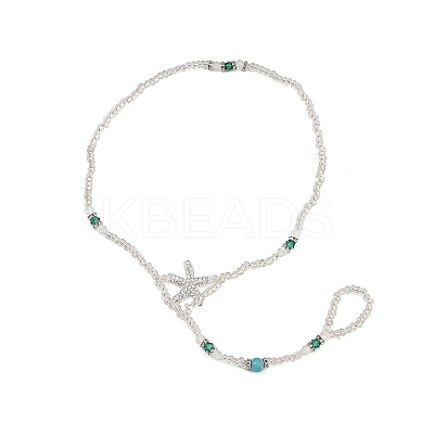 Alloy Crystal Rhinestone Starfish Round Glass Seed Beaded Stretch Toe Ring Anklets for Women LS-AJEW-K052-01-1