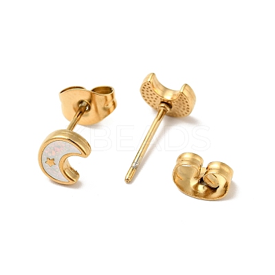 Ion Plating(IP) Enamel Crescent Moon with Star Stud Earrings with 316 Surgical Stainless Steel Pins EJEW-A081-05G-1
