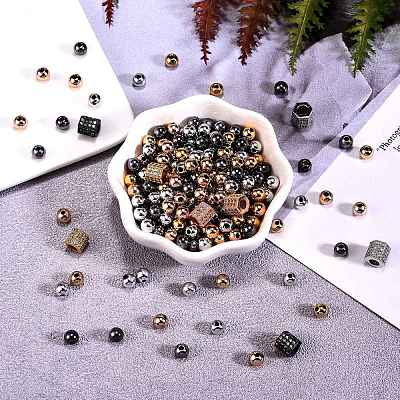 400Pcs UV Plating ABS Plastic Round Beads and 8Pcs Brass Micro Pave Cubic Zirconia European Beads CCB-SZ0001-11-1