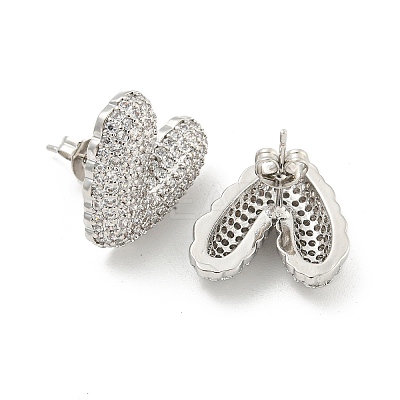 Heart Brass Pave Clear Cubic Zirconia Stud Earrings EJEW-M258-82P-1