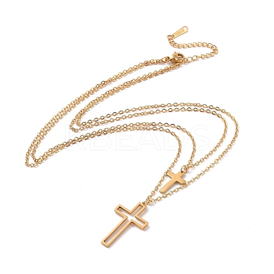 304 Stainless Steel Hollow Out Cross Pendant Double Layer Necklace with Cable Chains for Men Women LS-NJEW-E088-01G-1