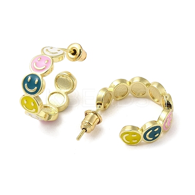Smiling Face Real 18K Gold Plated Brass Stud Earrings EJEW-L268-016G-04-1