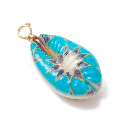 Printed Natural Cowrie Shell Pendants PALLOY-JF03991-1