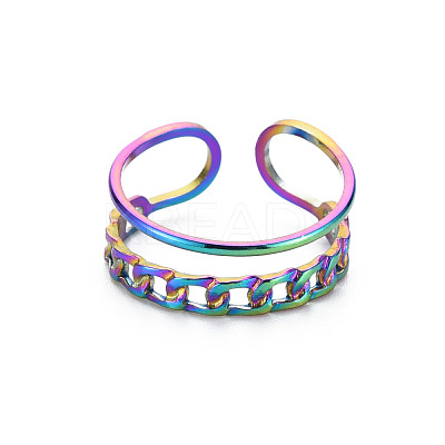 Rainbow Color 304 Stainless Steel Curb Chain Shape Cuff Ring RJEW-N038-038M-1