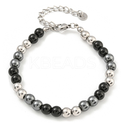 6mm Synthetic Non-magnetic Hematite & Glass & 304 Stainless Steel Round Beaded Bracelets for Women BJEW-G717-05P-1