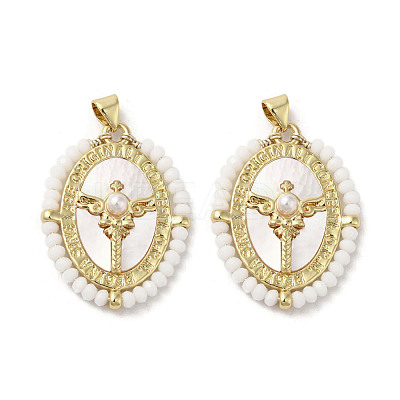 Brass Pave Shell Pendants KK-I708-01-G-1