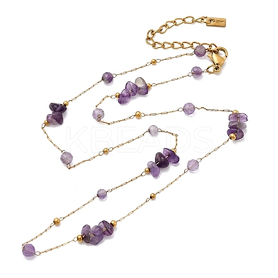 Natural Amethyst Chip 304 Stainless Steel Link Chain Necklaces for Women NJEW-K255-59G-1