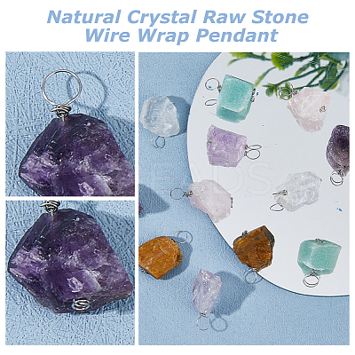 12Pcs 6 Styles Raw Rough Natural Green Aventurine & Amethyst & Tiger Eye & Quartz Crystal & Rose Quartz Pendants PALLOY-FH00085-1
