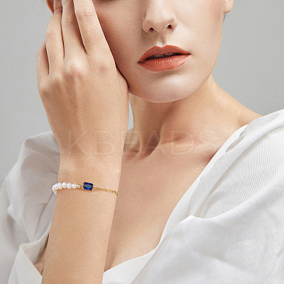 Natural Freshwater Pearls Beaded Bracelets with Cubic Zirconia Rectangle Link BJEW-I314-138-1