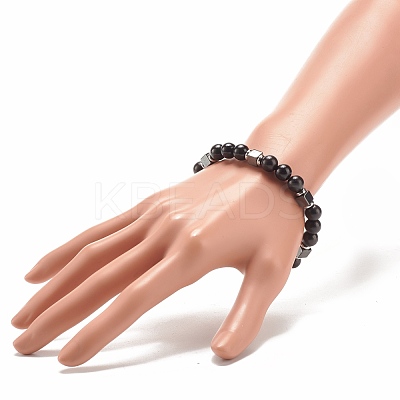 Natural Wood & Synthetic Hematite Beaded Stretch Bracelet BJEW-JB07928-1