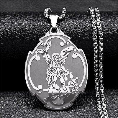 201 Stainless Steel Saint Saint Michael The Archangel Pendant Necklaces for Women NJEW-M105-02P-1