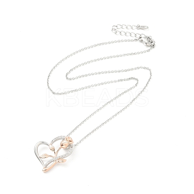 Clear Cubic Zirconia Heart with Rose Pendant Necklace NJEW-F293-01B-RG-1