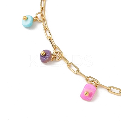 Dyed Natural Freshwater Shell Colorful Rondelle Tassel Brass Paperclip Chain Anklets for Women AJEW-AN00719-1