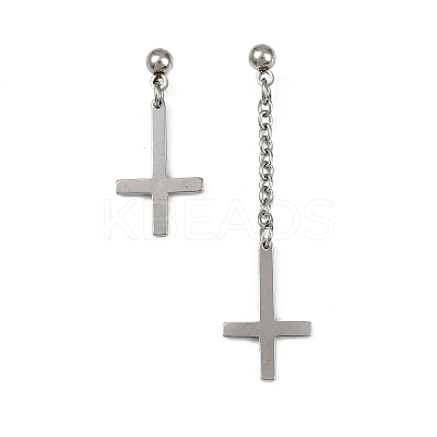 Christian Upside Down Cross 201 Stainless Steel Dangle Stud Earrings LS-EJEW-P314-01C-P-1