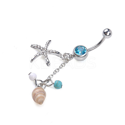 304 Stainless Steel Pave Cubic Zirconia & Plastic Pearl & Natural Shell Starfish Curved Barbell Dangle Belly Rings FS-WGCE39A-01-1