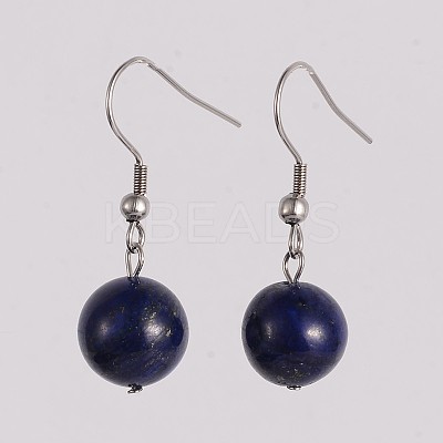 Round 304 Stainless Steel Natural Lapis Lazuli Dangle Earrings EJEW-JE01973-06-1