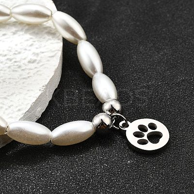 304 Stainless Steel Flat Round with Paw Print Charm Bracelets for Women BJEW-C098-11P-1