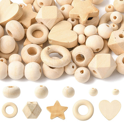 120Pcs 10 Styles Unfinished Wood Beads WOOD-FS0002-37-1