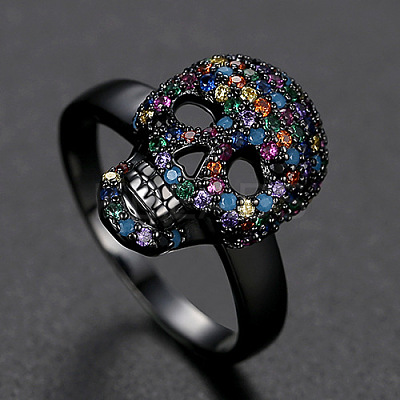 Cubic Zirconia Skull Finger Ring SKUL-PW0002-032C-02EB-1