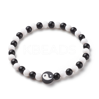 Polymer Clay Yin Yang & Acrylic Round Beaded Stretch Bracelet for Women BJEW-JB08529-1