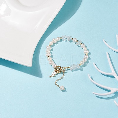 Natural Mixed Stone Chips & Pearl Beaded Bracelet with Enamel Lighting Bolt Charms BJEW-JB08332-M-1