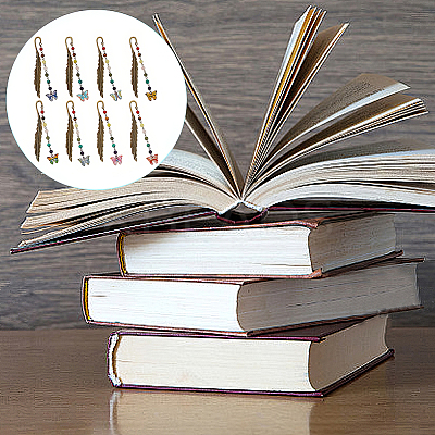 8Pcs 8 Styles Tibetan Style Alloy Hook Bookmarks AJEW-GO00015-1