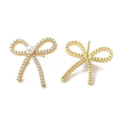 Rack Plating Brass Micro Pave Clear Cubic Zirconia Bowknot Stud Earrings for Women EJEW-P280-27G-1