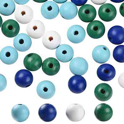 160 Pcs 4 Colors Summer Ocean Marine Style Painted Natural Wood Round Beads WOOD-LS0001-01G-1