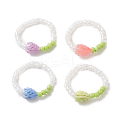Flower Bud Synthetic Coral & Glass Seed Beaded Stretch Ring for Women RJEW-JR00557-1