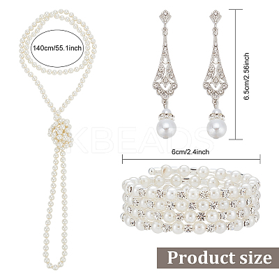 Plastic Pearl Beaded Necklace & Wrap Bracelet & Teardrop Dangle Stud Earrings with Crystal Rhinestone SJEW-AN0001-03-1