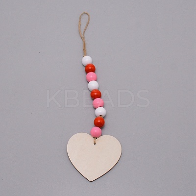 Valentine's Day Theme Schima Wood Beads & Hemp Rope Pendants Decorations HJEW-TAC0012-14-1