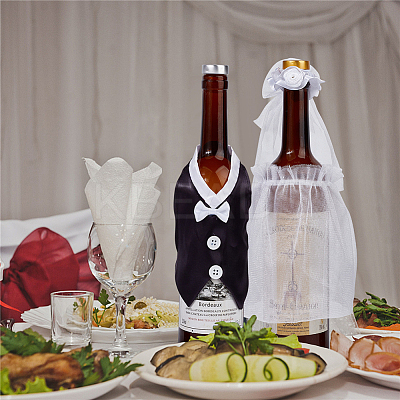 2 Sets Organza & Cloth Bride and Groom Wine Bottle Cover AJEW-CP0001-47-1