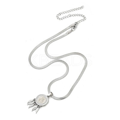 201 Stainless Steel Clear Cubic Zirconia Flat Round Virgin with Feather Pendant Necklaces NJEW-H055-04P-1