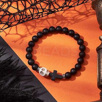 Halloween Skull & Cross Dyed Synthetic Turquoise Bracelets BJEW-JB10852-02-1