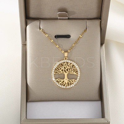 Brass Micro Pave Clear Cubic Zirconia Tree of Life Pendants NJEW-H066-01F-G-1
