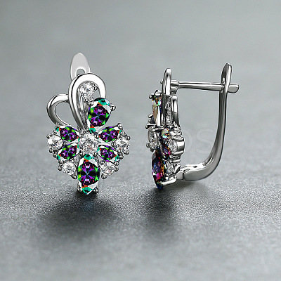 Brass Micro Pave Cubic Zirconia Flower Hoop Earrings WGA76CA-01-1
