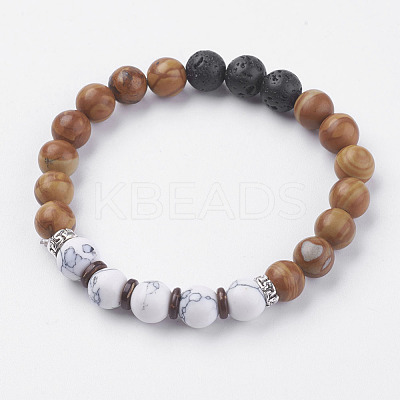 Natural Lava Rock & Wood Lace Stone & Coconut Stretch Bracelets BJEW-I241-03Q-1