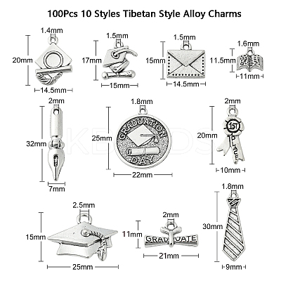 100Pcs 10 Styles Tibetan Style Alloy Pendants TIBEP-CJ0002-63-1