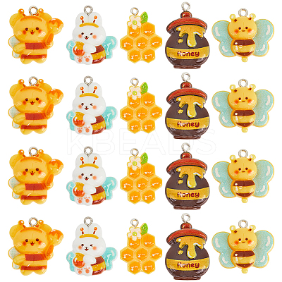 20Pcs 5 Styles  Bee Theme Opaque Resin Pendants RESI-SC0003-48-1