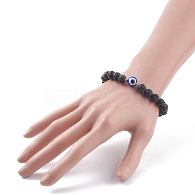 Natural Lava Rock Round Beaded Stretch Bracelet with Evil Eye Lampwork BJEW-JB07838-1