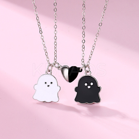 2Pcs Ghost Alloy Black & White Enamel Split Pendant Best Friend Necklaces with Heart Magnetic Clasps FS-WG095C9-01-1